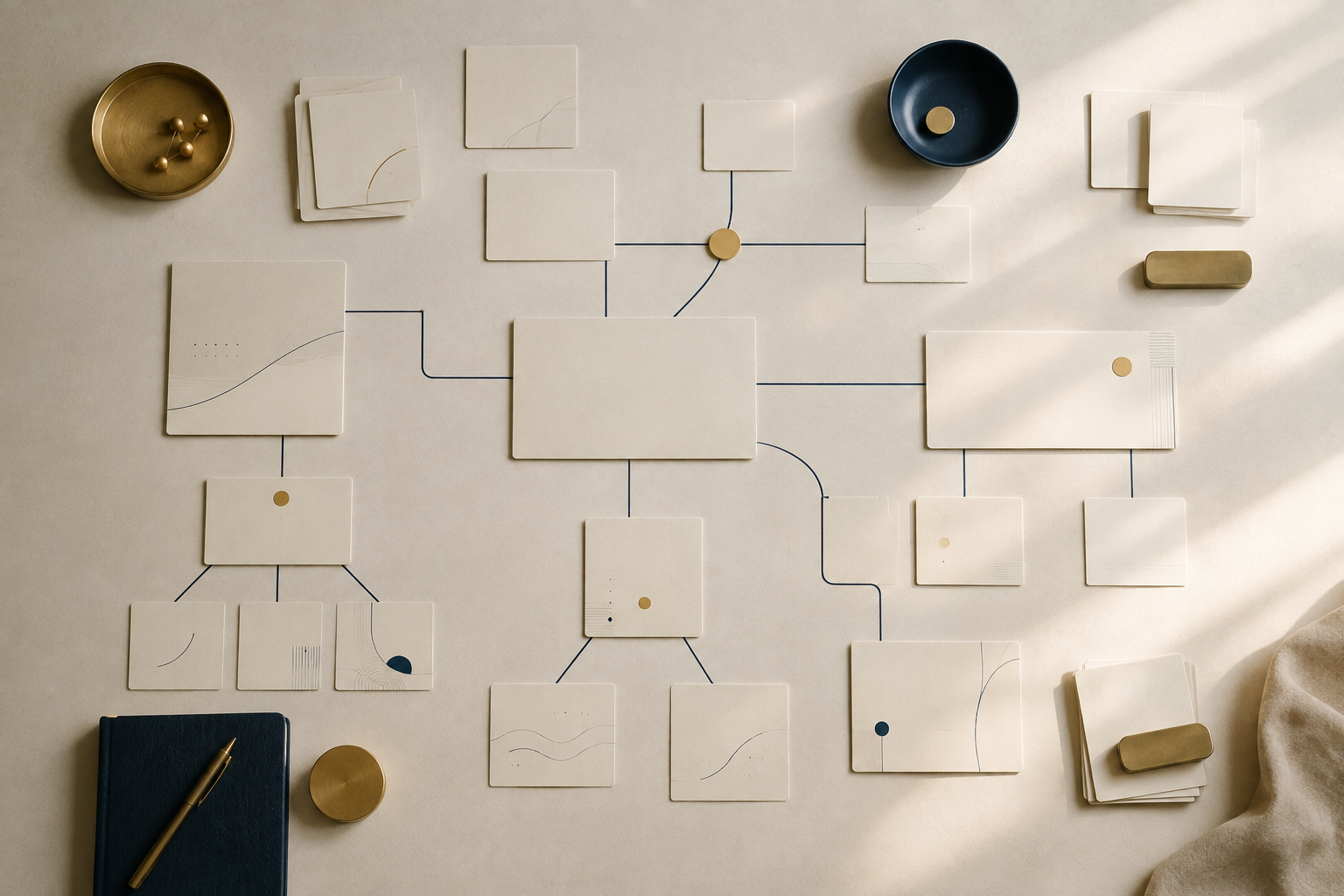 An organized systems map arranged across a workshop table
